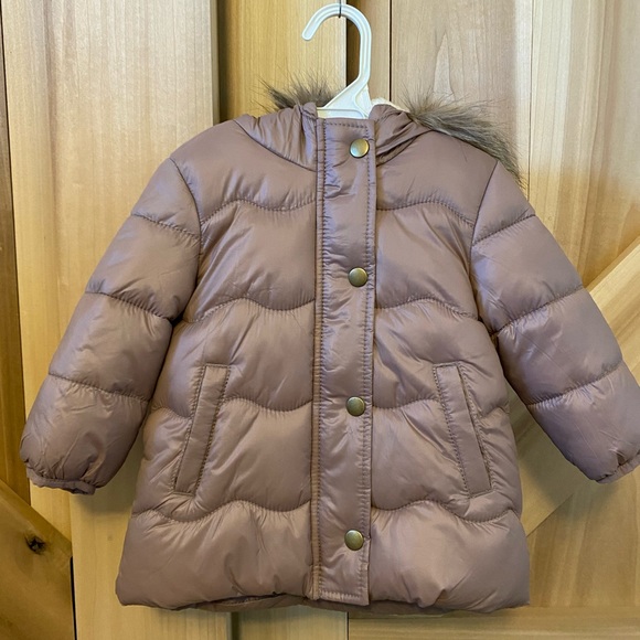 Old Navy Dusty Rose Pink Toddler 12-18 months fur trim winter coat puffer jacket - Picture 5 of 5